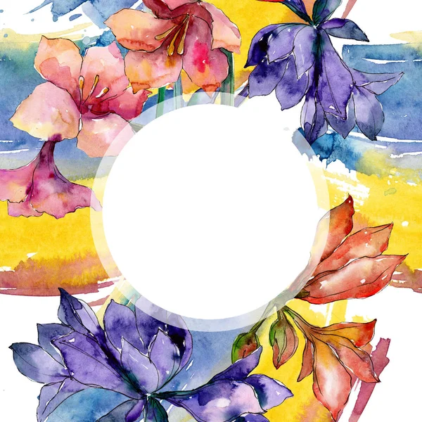 Rosa und lila Amaryllis Blumen botanische Blume. Aquarell Hintergrundillustration Set. Rahmen Rand Ornament Quadrat. — Stockfoto