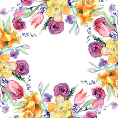 Sarı ve kırmızı buket çiçek botanik çiçekler. Suluboya arka plan illüstrasyon küme. Çerçeve kenarlığı süsleme Meydanı.