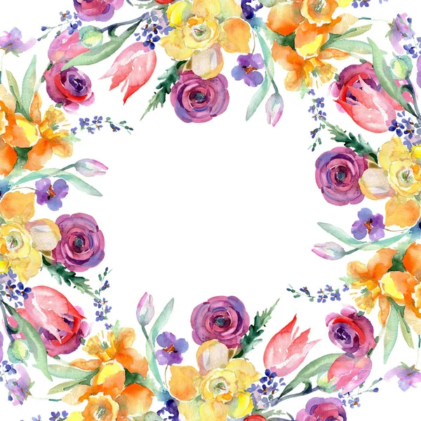 Fiori botanici floreali gialli e rossi. Acquerello sfondo illustrazione set. Quadrato ornamento bordo cornice . — Foto Stock