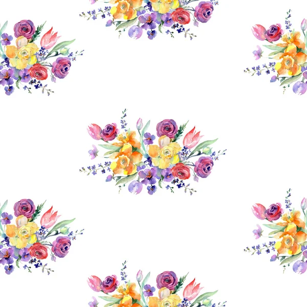 黄色和红色的花束花卉植物花卉。水彩背景插图集。无缝的背景模式. — 图库照片