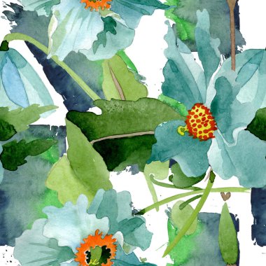 Mavi haşhaş botanik çiçek. Suluboya arka plan illüstrasyon küme. Sorunsuz arka plan deseni.