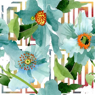 Mavi haşhaş botanik çiçek. Suluboya arka plan illüstrasyon küme. Sorunsuz arka plan deseni.