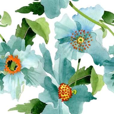Blue poppy floral botanical flower. Watercolor background illustration set. Seamless background pattern. clipart