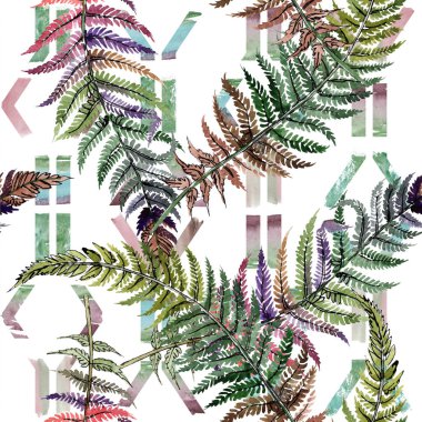 Fern yeşil yaprak. Botanik çiçek bitki örtüsü bitki. Suluboya arka plan illüstrasyon küme. Sorunsuz arka plan deseni.