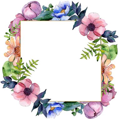 Buket çiçek botanik çiçekler. Suluboya arka plan illüstrasyon küme. Çerçeve kenarlığı süsleme Meydanı.