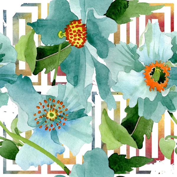 Blauer Klatschmohn, botanische Blume. Aquarell Hintergrundillustration Set. nahtloses Hintergrundmuster. — Stockfoto