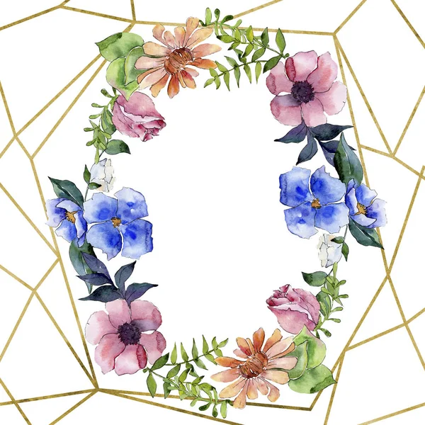 Boeket bloemen botanische bloemen. Aquarel achtergrond afbeelding instellen. Frame grens ornament vierkant. — Stockfoto