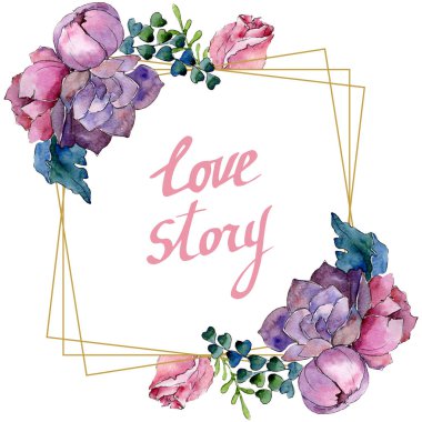 Buket çiçek botanik çiçekler. Suluboya arka plan illüstrasyon küme. Çerçeve kenarlığı süsleme Meydanı.