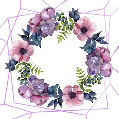 Buket çiçek botanik çiçekler. Suluboya arka plan illüstrasyon küme. Çerçeve kenarlığı süsleme Meydanı.