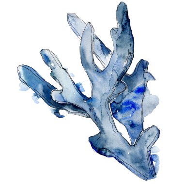 Mavi su sualtı doğa mercan kayalığı. Suluboya arka plan illüstrasyon küme. Mercan illüstrasyon izole öğesi.