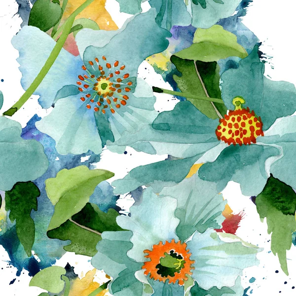 Blauer Klatschmohn, botanische Blume. Aquarell Hintergrundillustration Set. nahtloses Hintergrundmuster. — Stockfoto