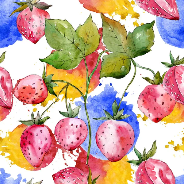 Des fraises. Feuille verte. Ensemble d'illustration de fond aquarelle. Modèle de fond sans couture . — Photo