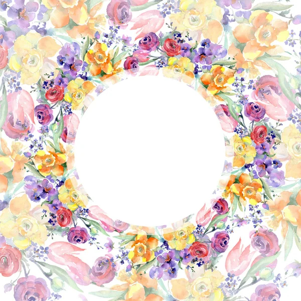 Fiori botanici floreali gialli e rossi. Acquerello sfondo illustrazione set. Quadrato ornamento bordo cornice . — Foto Stock