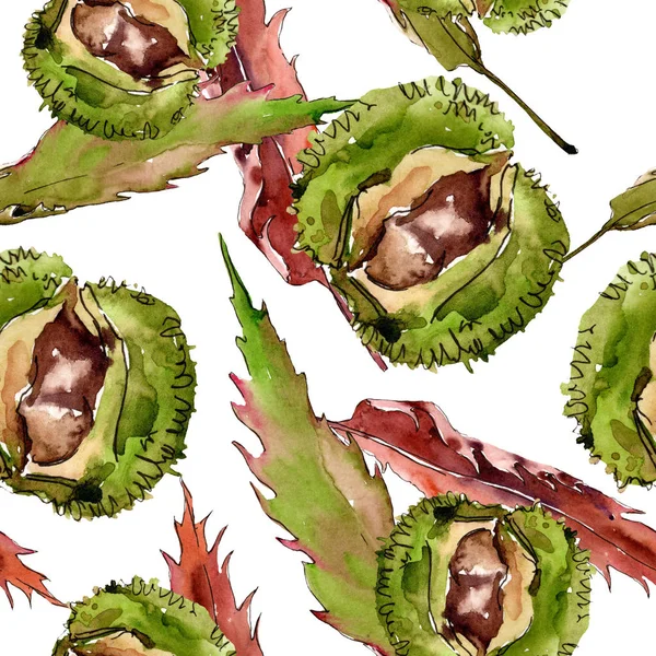 Sweet chestnut leaves and fruit. Watercolor background illustration set. Seamless background pattern.