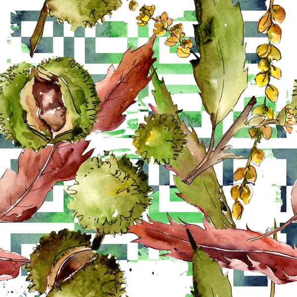 Söta kastanj blad och frukt. Akvarell bakgrund illustration set. Sömlös bakgrundsmönster. — Stockfoto