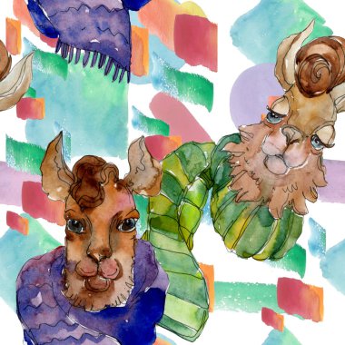 Çizgi film karakteri lama hayvan izole bir suluboya tarzında. Suluboya resim kümesi. Sorunsuz arka plan deseni.