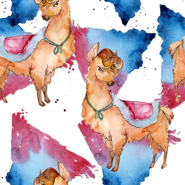 Cartoon character lama animal in a watercolor style isolated. Watercolor illustration set. Seamless background pattern.
