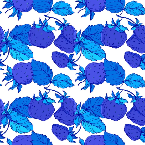 Vektor-Erdbeerfrüchte. blau eingravierte Tuschekunst. nahtloses Hintergrundmuster. — Stockvektor