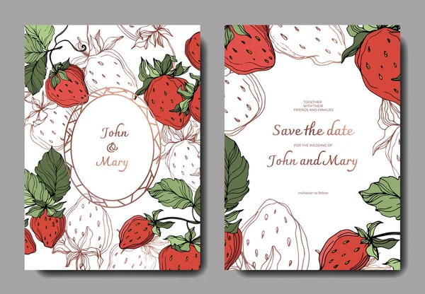 Vector Frutos de fresa. Hoja verde. Arte de tinta grabada. Tarjeta de fondo de boda borde decorativo floral . — Vector de stock