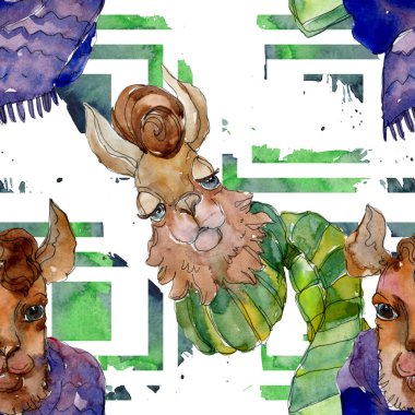 Çizgi film karakteri lama hayvan izole bir suluboya tarzında. Suluboya resim kümesi. Sorunsuz arka plan deseni.