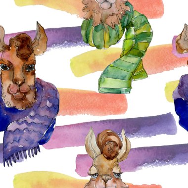 Çizgi film karakteri lama hayvan izole bir suluboya tarzında. Suluboya resim kümesi. Sorunsuz arka plan deseni.