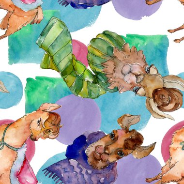 Çizgi film karakteri lama hayvan izole bir suluboya tarzında. Suluboya resim kümesi. Sorunsuz arka plan deseni.