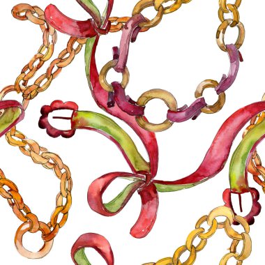 Altın zincir ve deri kemer kroki glamour illüstrasyon. Suluboya resim kümesi. Sorunsuz arka plan deseni.