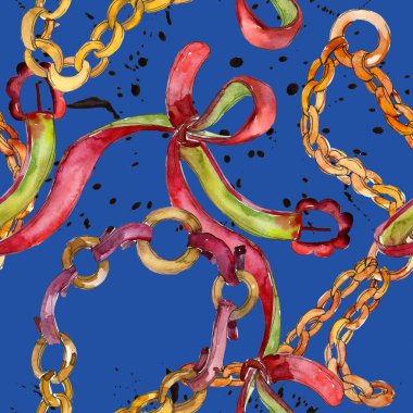 Altın zincir ve deri kemer kroki glamour illüstrasyon. Suluboya resim kümesi. Sorunsuz arka plan deseni.