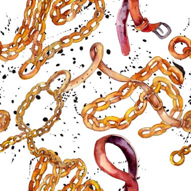 Altın zincir ve deri kemer kroki glamour illüstrasyon. Suluboya resim kümesi. Sorunsuz arka plan deseni.