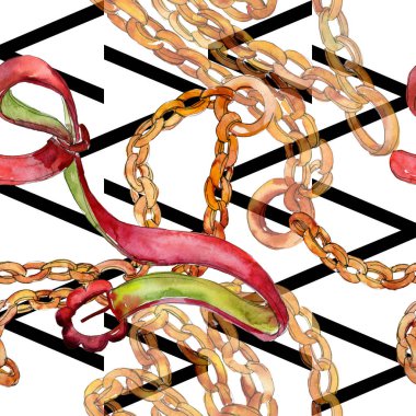 Glamour suluboya resim altın zincir ve deri kemer. Giyim aksesuarları ayarlayın. Suluboya çizim moda aquarelle izole. Sorunsuz arka plan deseni. Kumaş duvar kağıdı yazdırma doku.