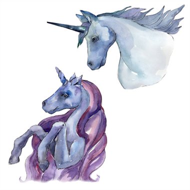 Şirin tek boynuzlu at. Gökkuşağı hayvan boynuz karakter. Suluboya arka plan ayarlamak. İzole tek boynuzlu at illüstrasyon öğesi.