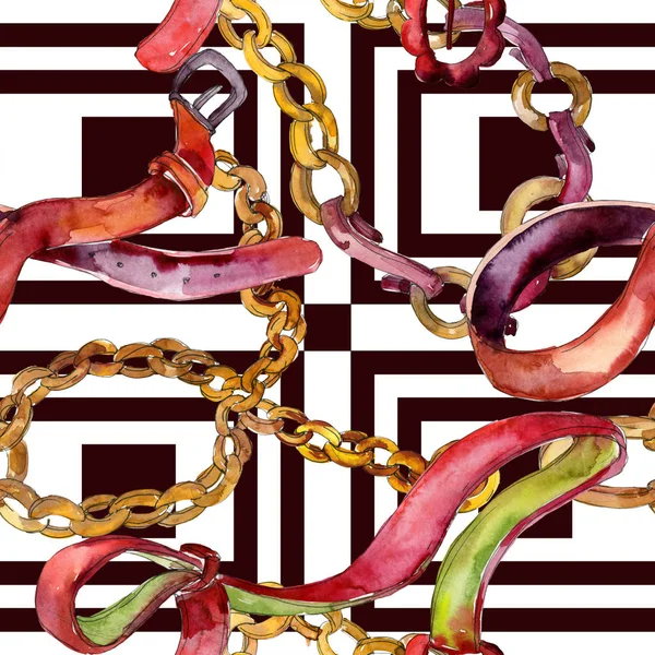 Altın zincir ve deri kemer kroki glamour illüstrasyon. Suluboya resim kümesi. Sorunsuz arka plan deseni.