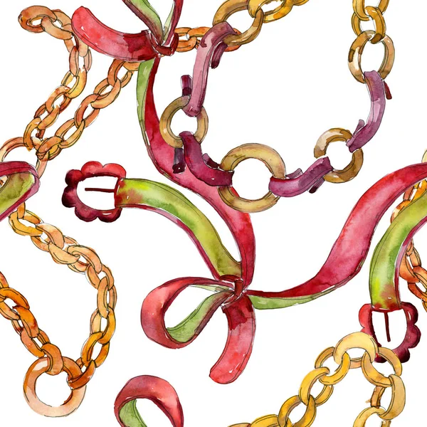 Altın zincir ve deri kemer kroki glamour illüstrasyon. Suluboya resim kümesi. Sorunsuz arka plan deseni.