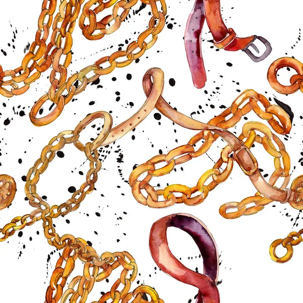 Altın zincir ve deri kemer kroki glamour illüstrasyon. Suluboya resim kümesi. Sorunsuz arka plan deseni.