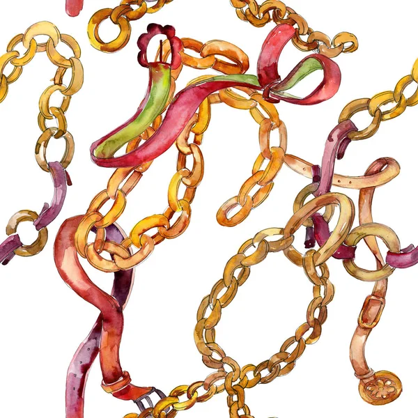 Altın zincir ve deri kemer kroki glamour illüstrasyon. Suluboya resim kümesi. Sorunsuz arka plan deseni.