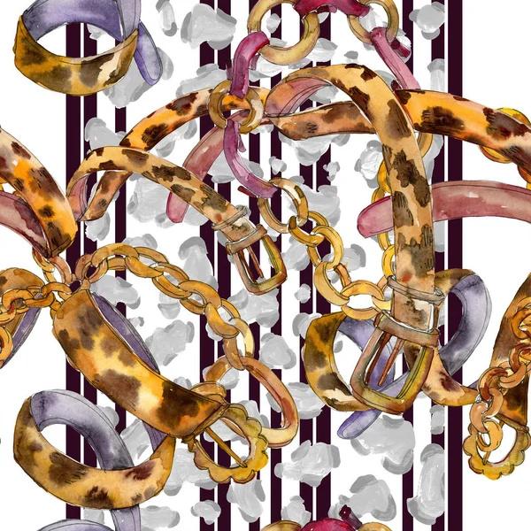 Гламурная иллюстрация золотой цепи и кожаного ремня. Набор акварельных рисунков. Бесшовный рисунок фона . — стоковое фото