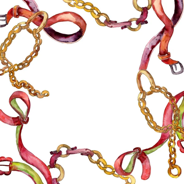 Altın zincir ve deri moda glamour illüstrasyon kemer. Suluboya arka plan ayarlamak. Çerçeve kenarlığı süsleme Meydanı.