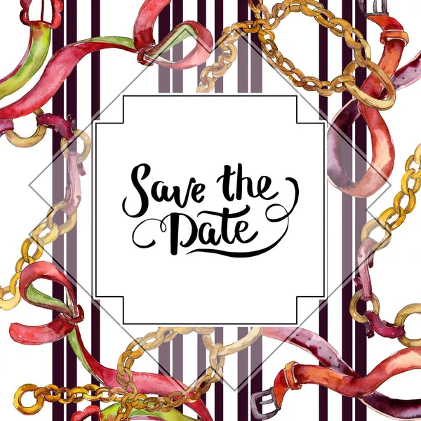 Altın zincir ve deri moda glamour illüstrasyon kemer. Suluboya arka plan ayarlamak. Çerçeve kenarlığı süsleme Meydanı.