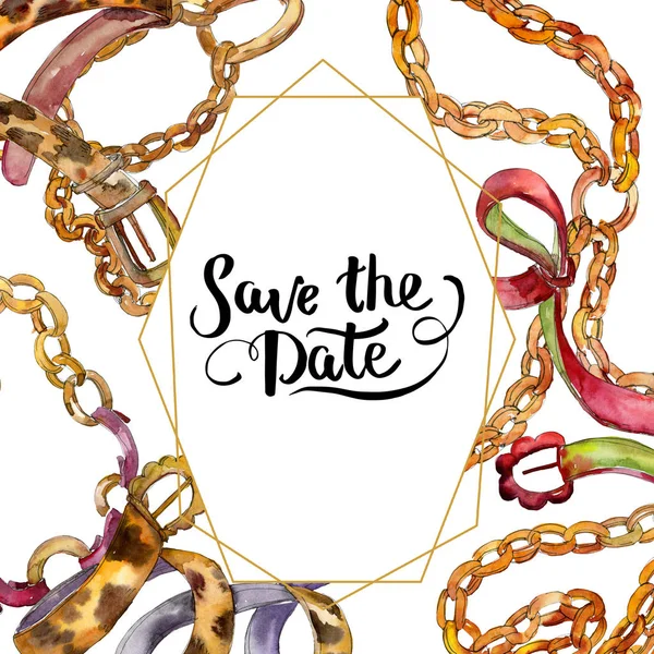 Altın zincir ve deri moda glamour illüstrasyon kemer. Suluboya arka plan ayarlamak. Çerçeve kenarlığı süsleme Meydanı.