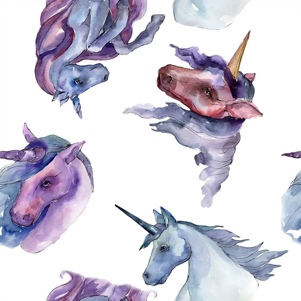 Aranyos Egyszarvú ló. Szivárvány állati horn karakter. Akvarell háttér illusztráció készlet. Varratmentes háttérben minta. — Stock Fotó