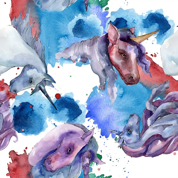 Aranyos Egyszarvú ló. Szivárvány állati horn karakter. Akvarell háttér illusztráció készlet. Varratmentes háttérben minta. — Stock Fotó
