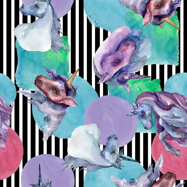 Şirin tek boynuzlu at. Gökkuşağı hayvan boynuz karakter. Suluboya arka plan illüstrasyon küme. Sorunsuz arka plan deseni.