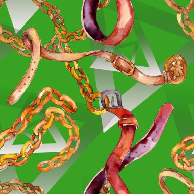 Altın zincir ve deri kemer kroki glamour illüstrasyon. Suluboya resim kümesi. Sorunsuz arka plan deseni.