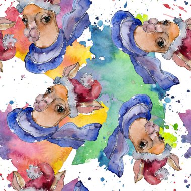 Çizgi film karakteri lama hayvan izole bir suluboya tarzında. Suluboya resim kümesi. Sorunsuz arka plan deseni.