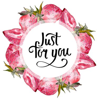 Çilek meyve. Yeşil yaprak. Suluboya arka plan illüstrasyon küme. Çerçeve kenarlığı süsleme Meydanı.