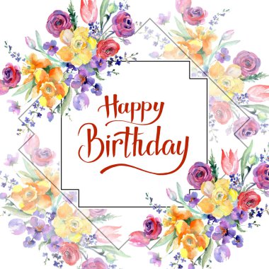 Sarı ve kırmızı buket çiçek botanik çiçekler. Suluboya arka plan illüstrasyon küme. Çerçeve kenarlığı süsleme Meydanı.