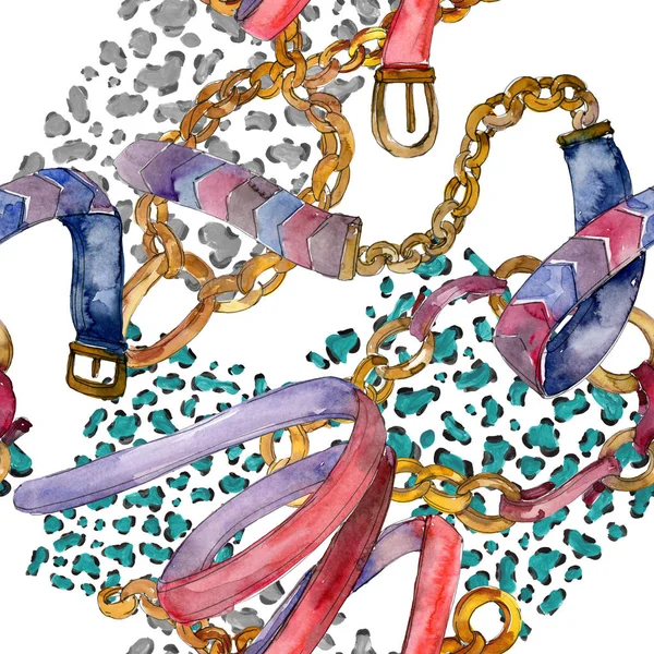 Złoty łańcuch i skórzanymi pasa szkic elegancja ilustracja. Akwarela, ilustracja zestaw. Bezszwowe tło wzór. — Zdjęcie stockowe