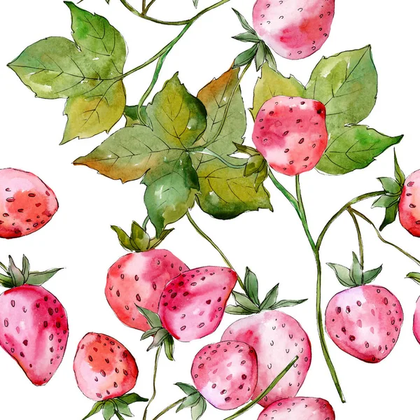 Des fraises. Feuille verte. Ensemble d'illustration de fond aquarelle. Modèle de fond sans couture . — Photo