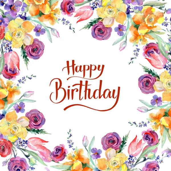 Sarı ve kırmızı buket çiçek botanik çiçekler. Suluboya arka plan illüstrasyon küme. Çerçeve kenarlığı süsleme Meydanı.