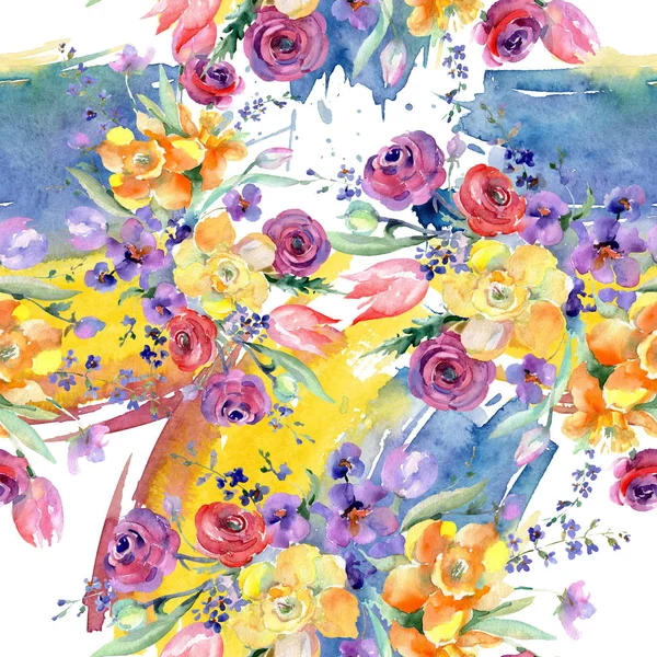 Yellow and red bouquet flowers. Wild spring leaf wildflower isolated. Watercolor illustration set. Watercolour drawing fashion aquarelle. Seamless background pattern. Fabric wallpaper print texture.